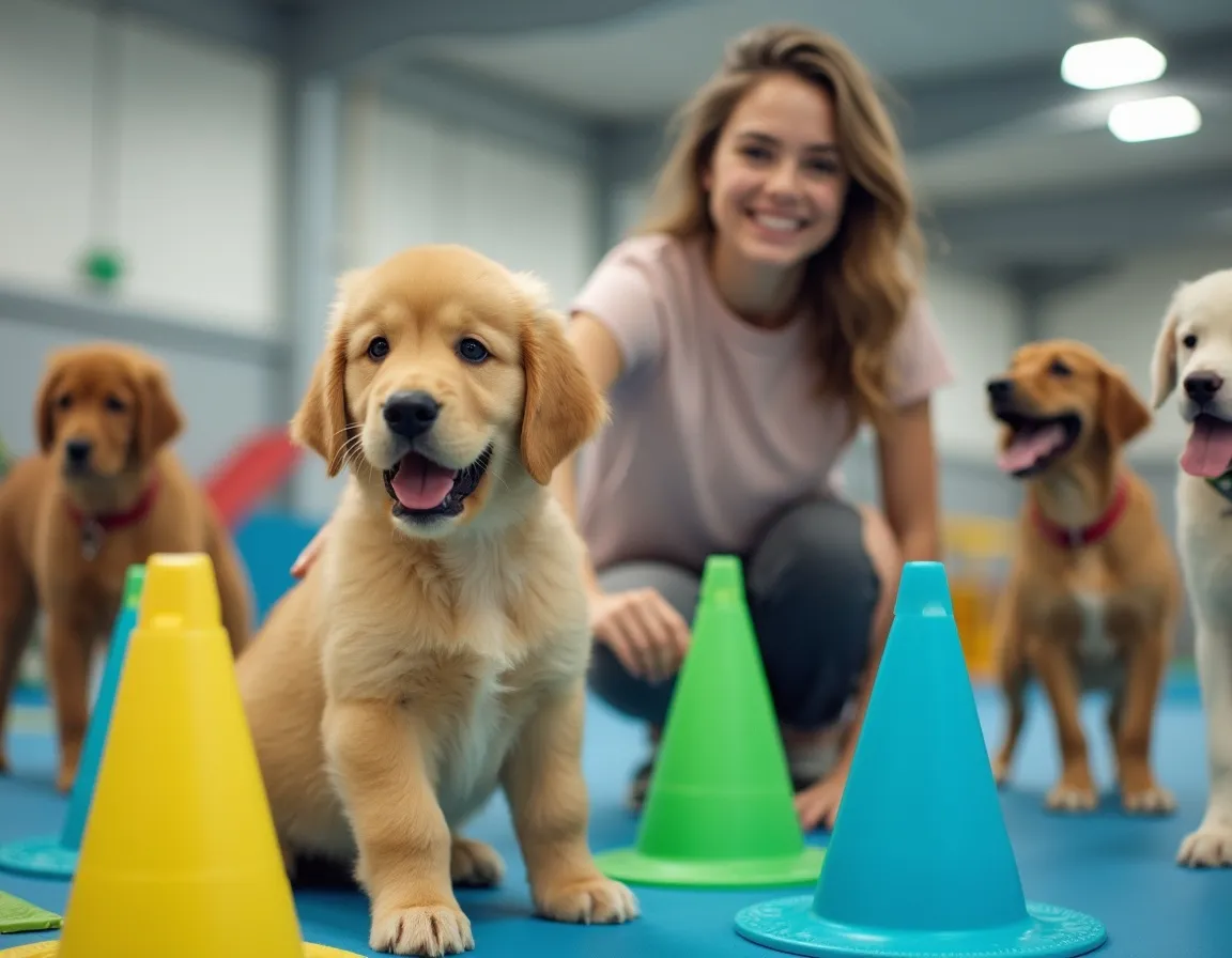 A woman crouches behind a group of golden retriever puppies sitting among colorful training cones indoors, making paradise for anyone interested in dog training classes.