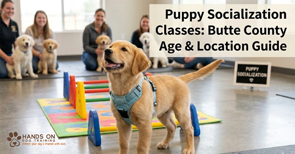 A golden retriever puppy stands in front of a small agility course in a classroom with other puppies and their trainers in the background.