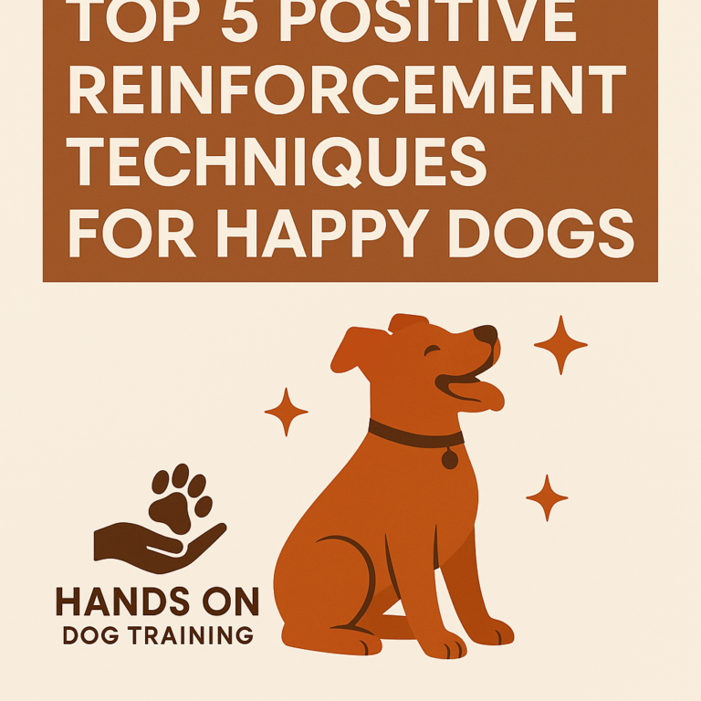 A smiling dog sits beside sparkling icons with text: "Top 5 Positive Reinforcement Techniques for Happy Dogs. Hands On Dog Training.