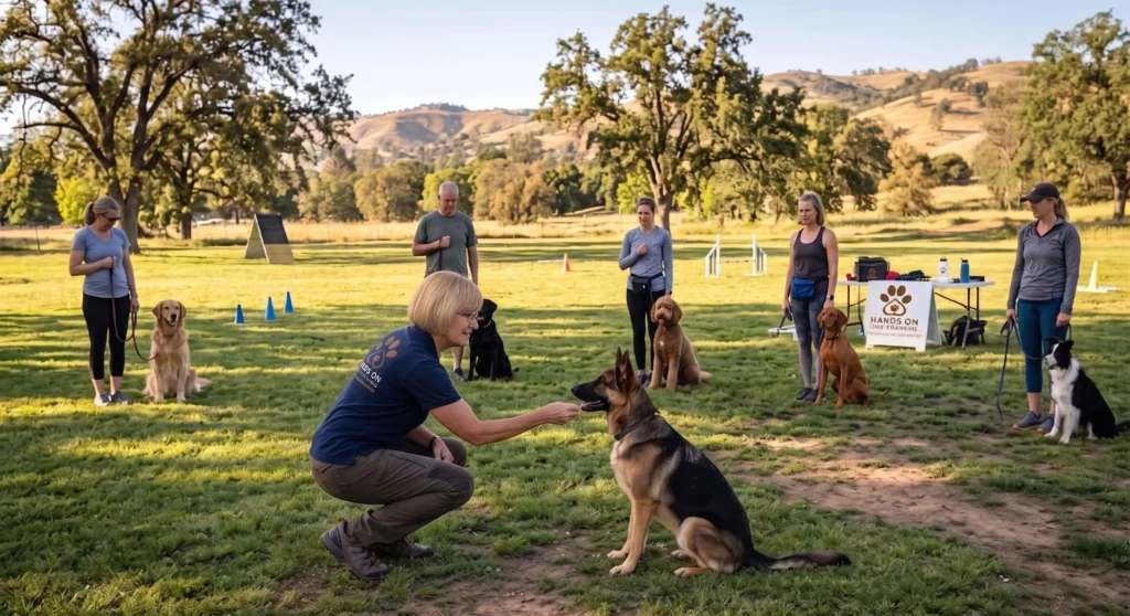 A group of people with their dogs participate in an outdoor Dog Training session on a grassy field, working towards Canine Good Citizen (CGC) certification, with trees and hills in the background.