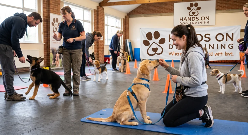 Several people train dogs in a spacious indoor facility with "Hands On Dog Training" signs, using treats and leashes as the dogs follow commands.