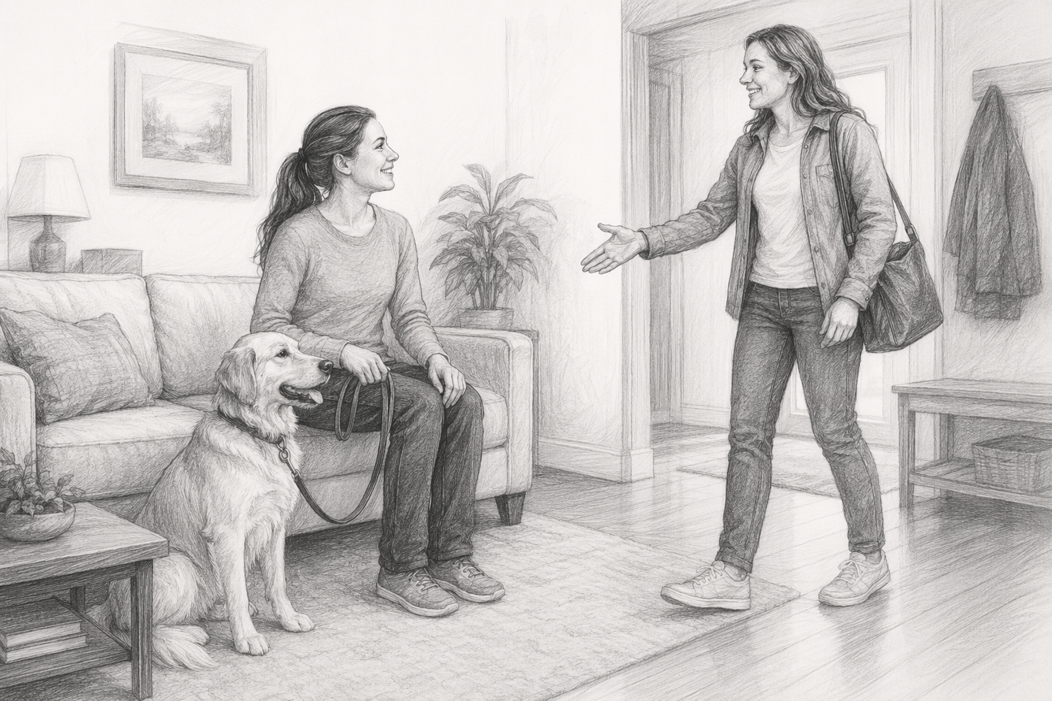 Dog sitting calmly as stranger approaches in living room