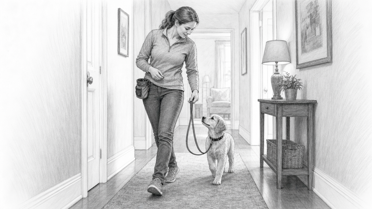 Owner practicing loose-leash walking with puppy in hallway