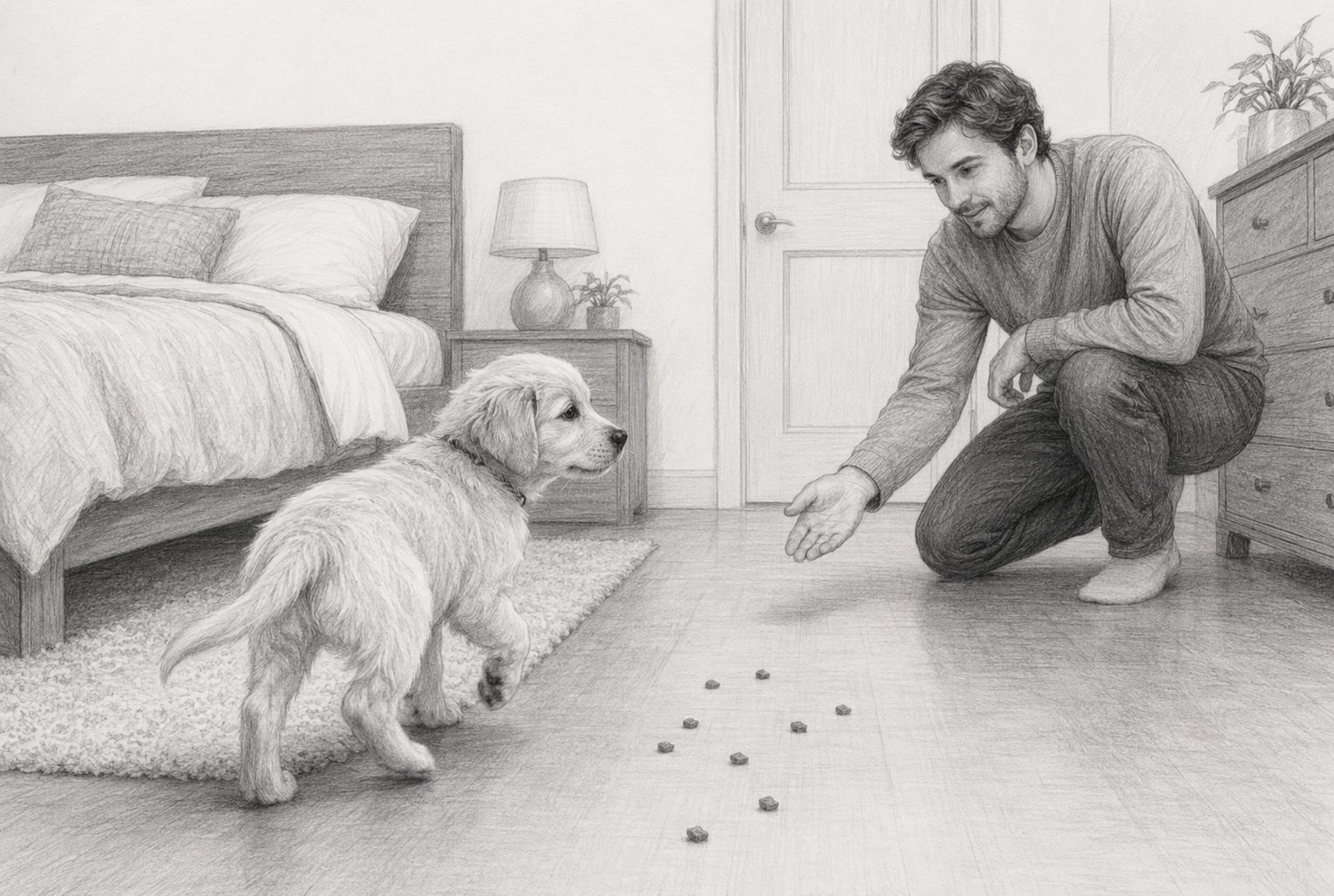 Puppy focusing on owner with scattered treats in quiet bedroom