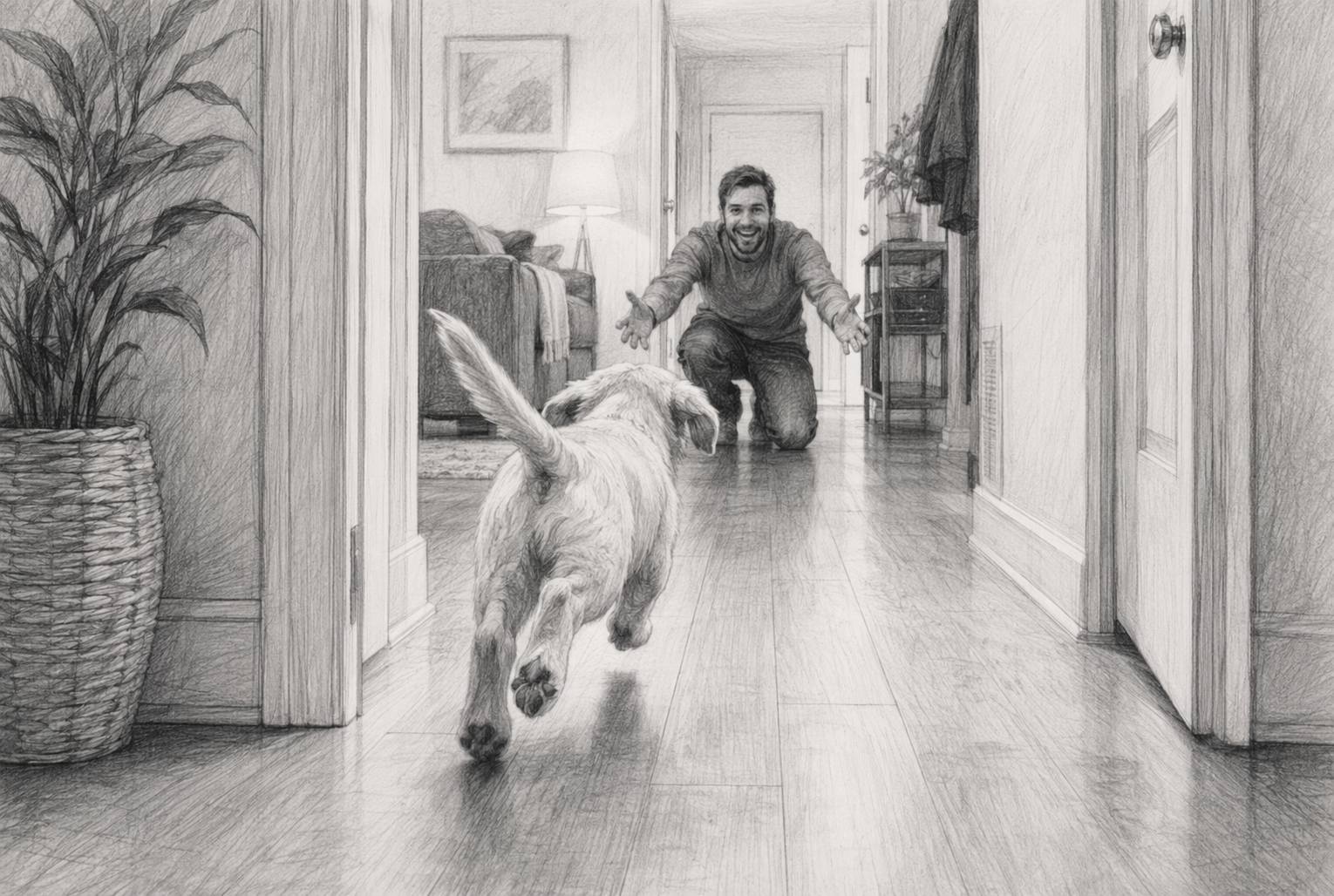 Owner kneeling at hallway end as puppy sprints through doorway