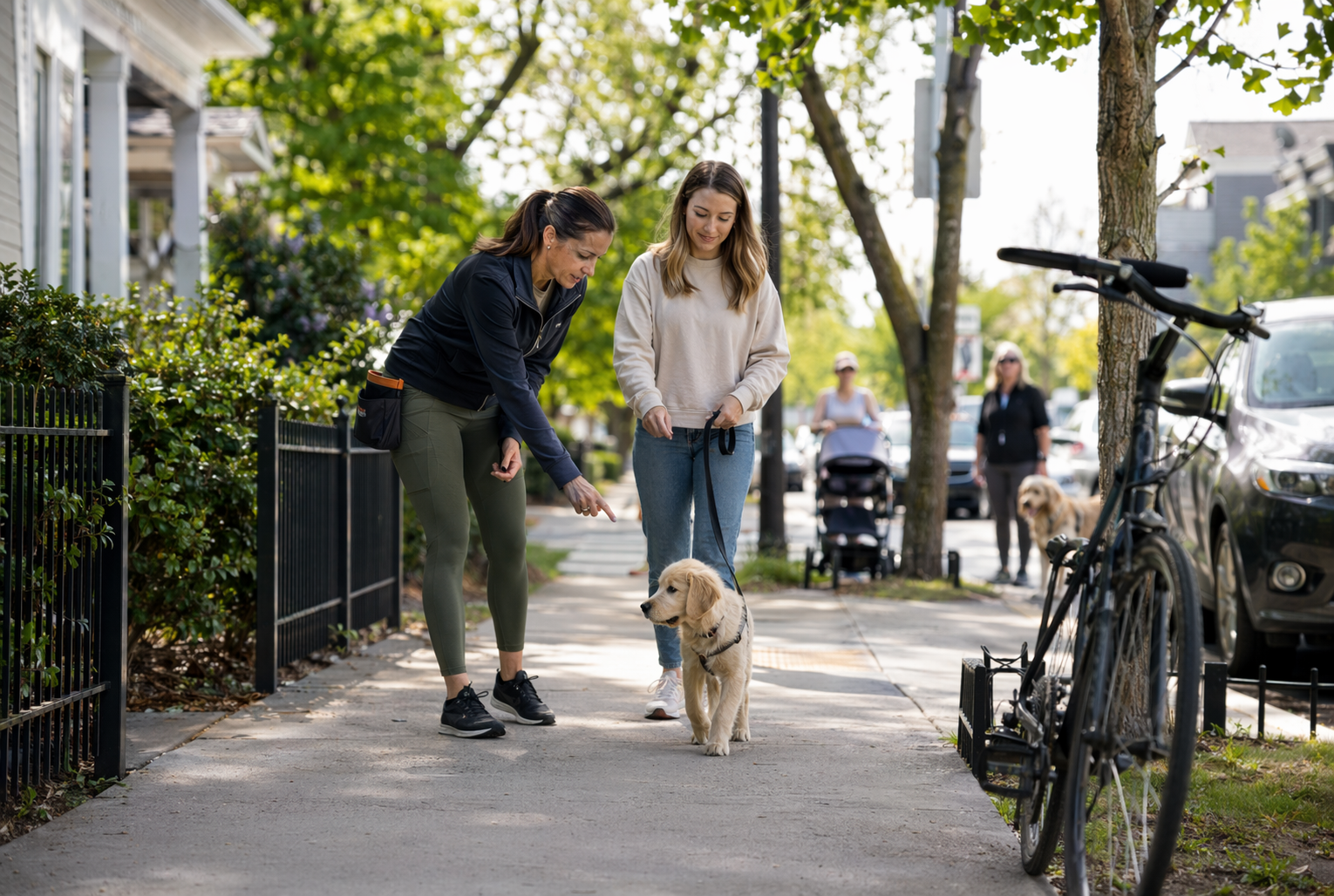 Trainer guiding puppy past sidewalk distractions in sunny neighborhood