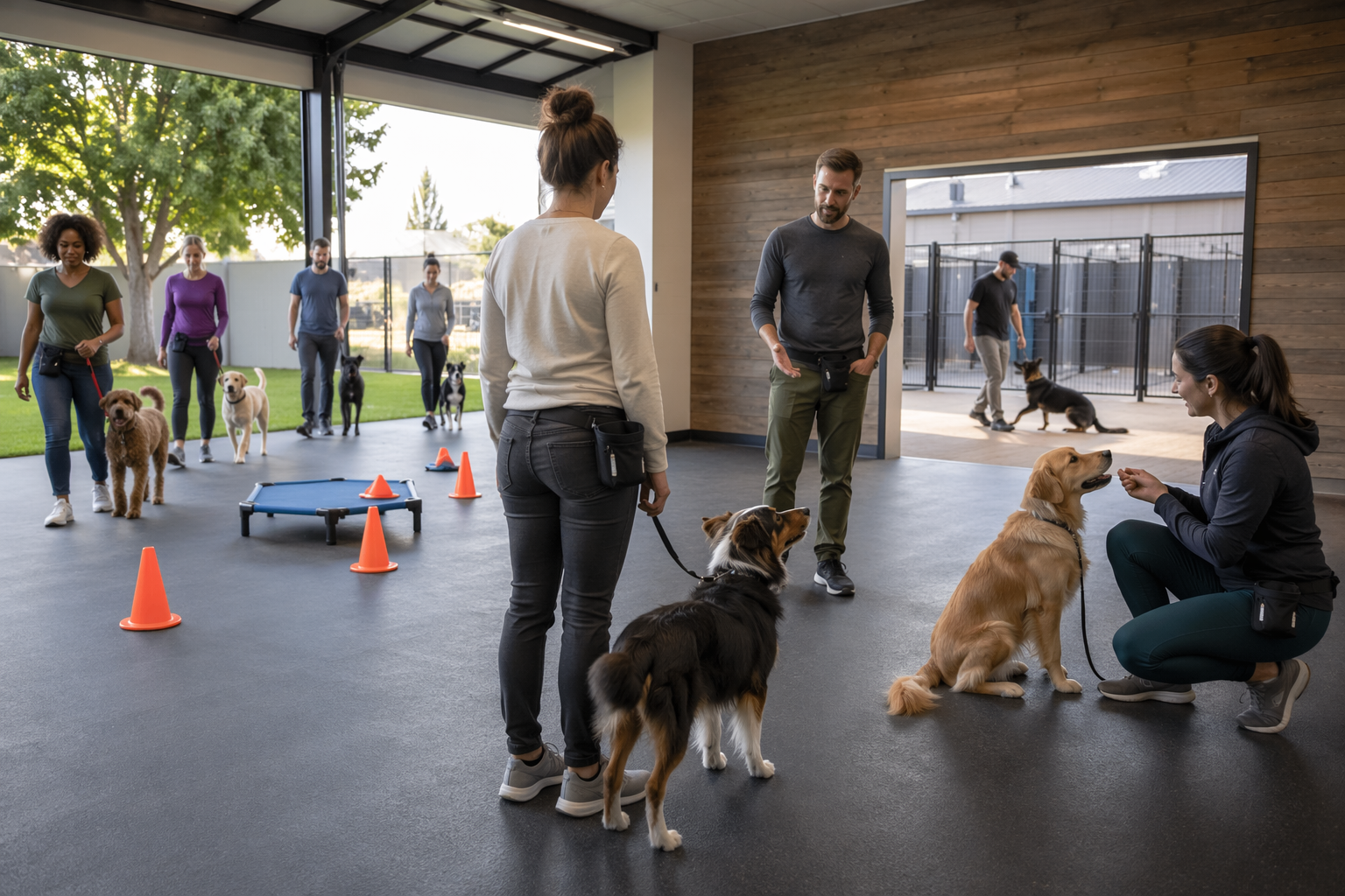 Dog owner comparing group, private, and board-and-train leash training options