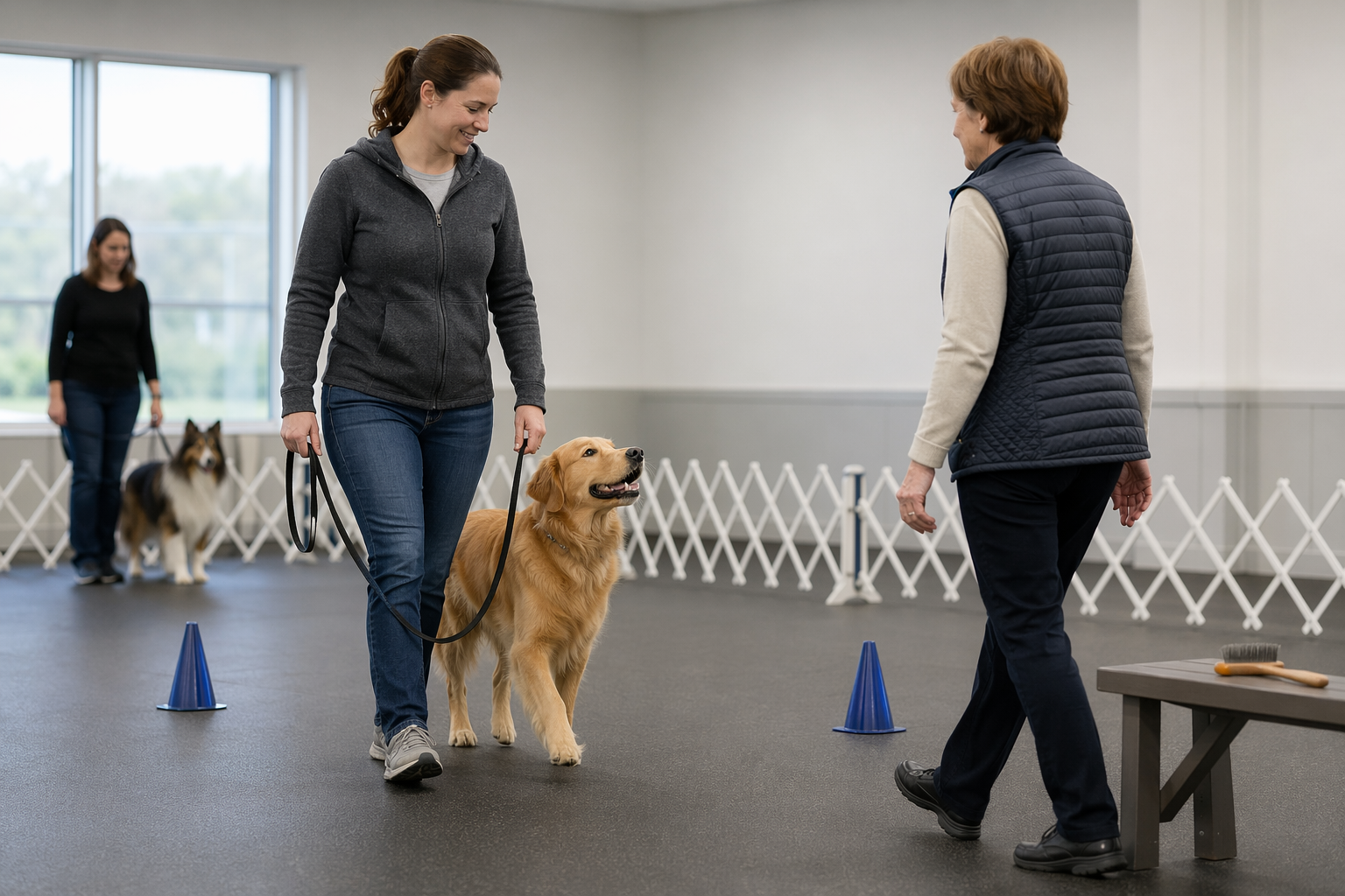 Dog owner practicing leash walking and polite greeting with evaluator