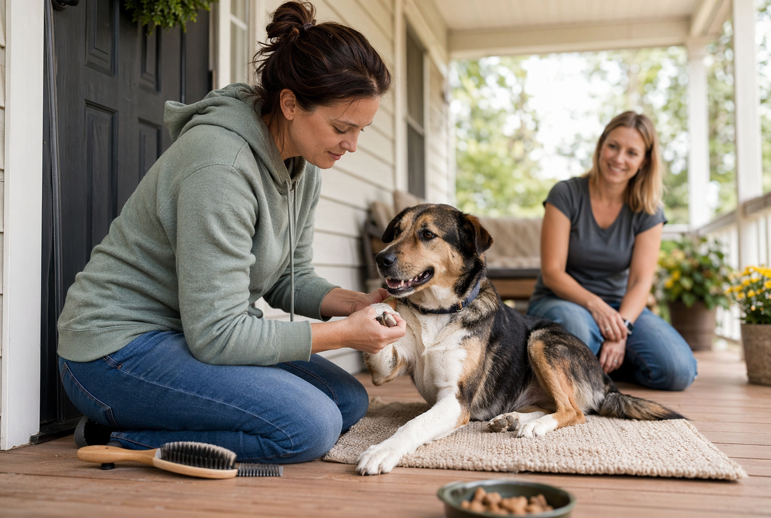 Owner gently lifting dog paw during grooming on porch