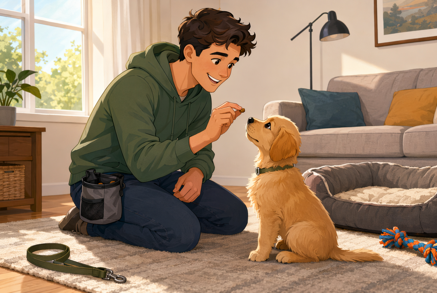 Owner rewarding puppy during short training session in living room