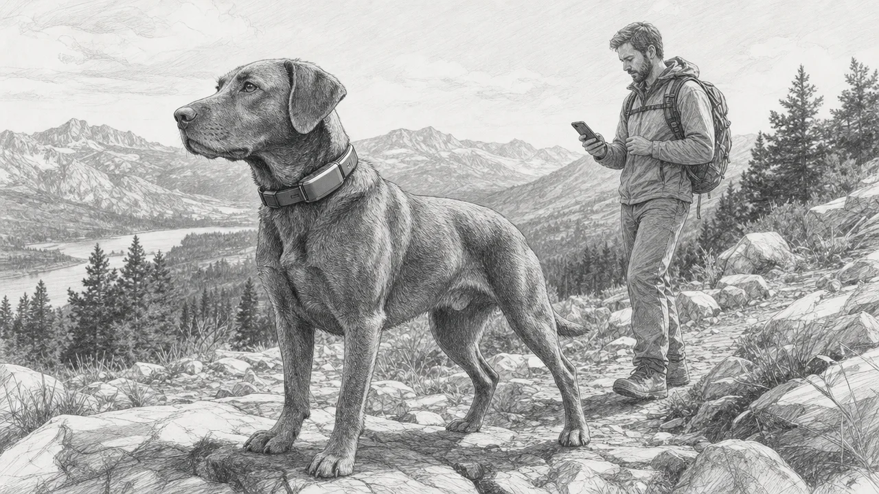 Dog on rocky trail with owner checking tracking app