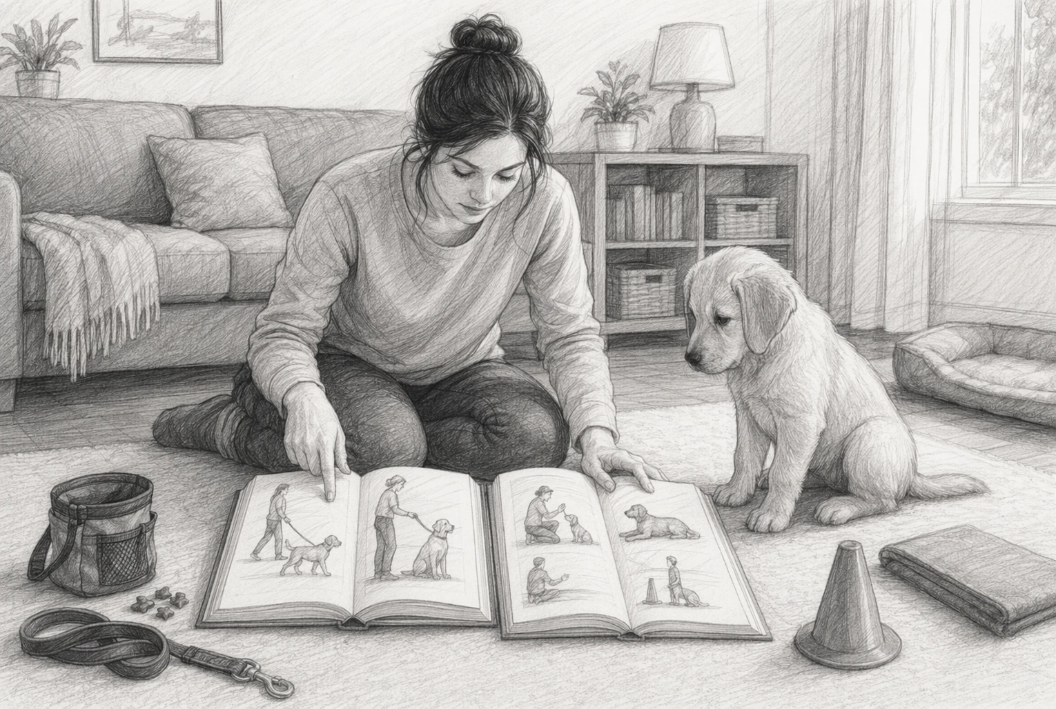 Dog owner comparing two training books beside seated puppy