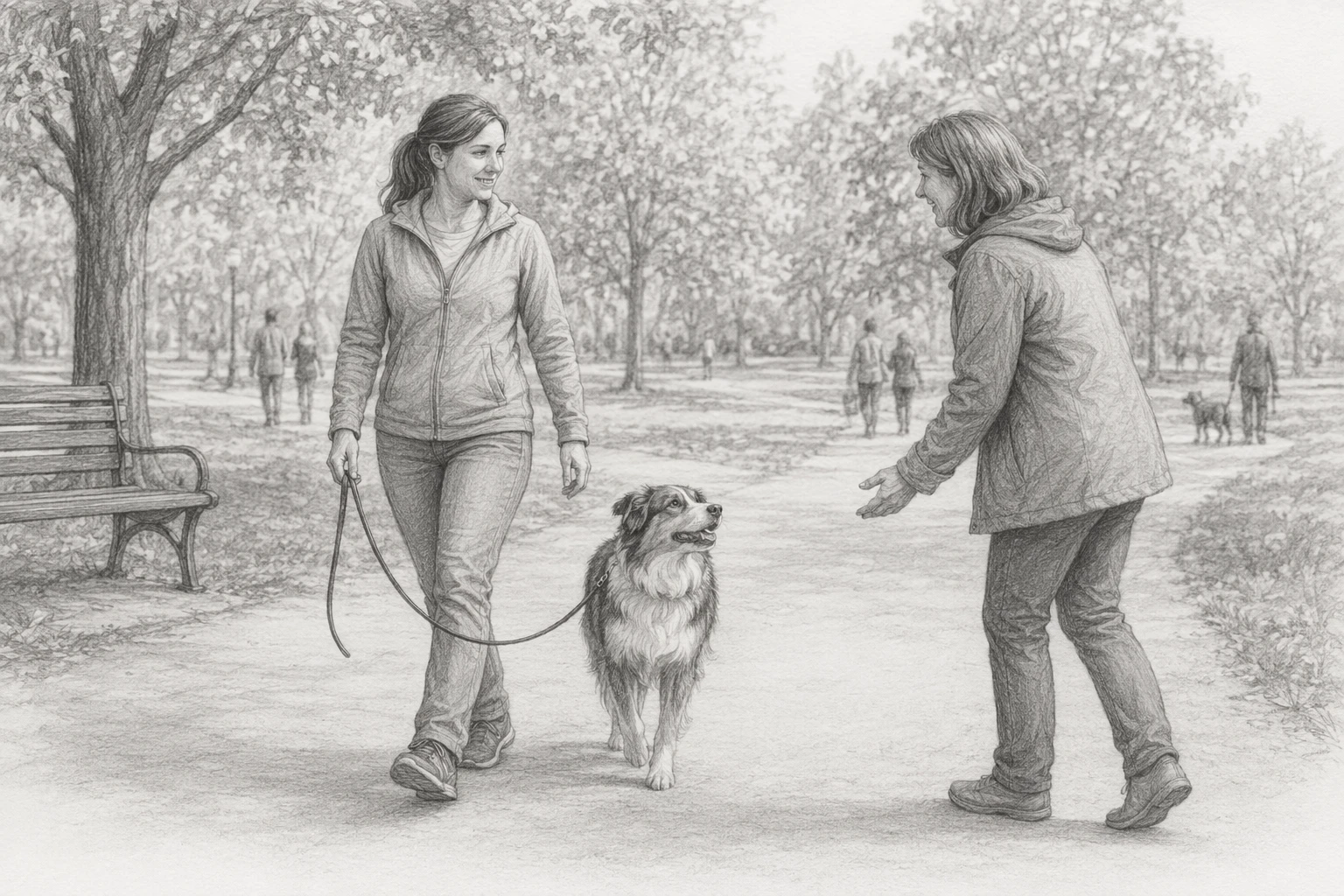 Beginner dog handler practicing polite greeting and loose leash walking