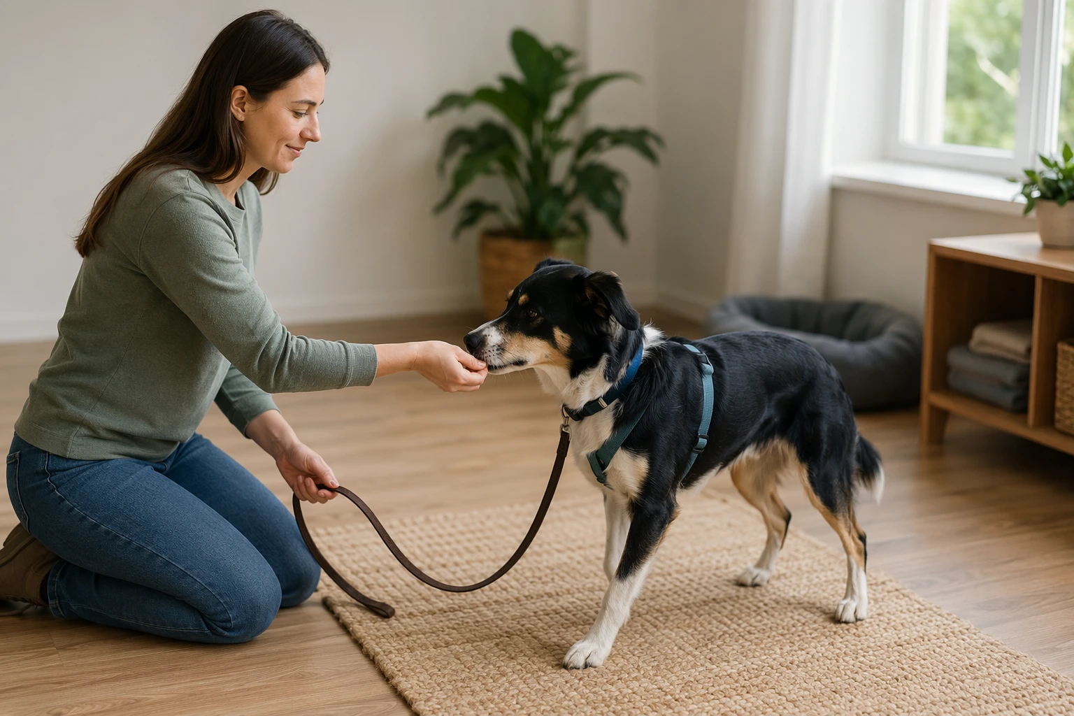 Owner rewarding dog for yielding to light leash pressure