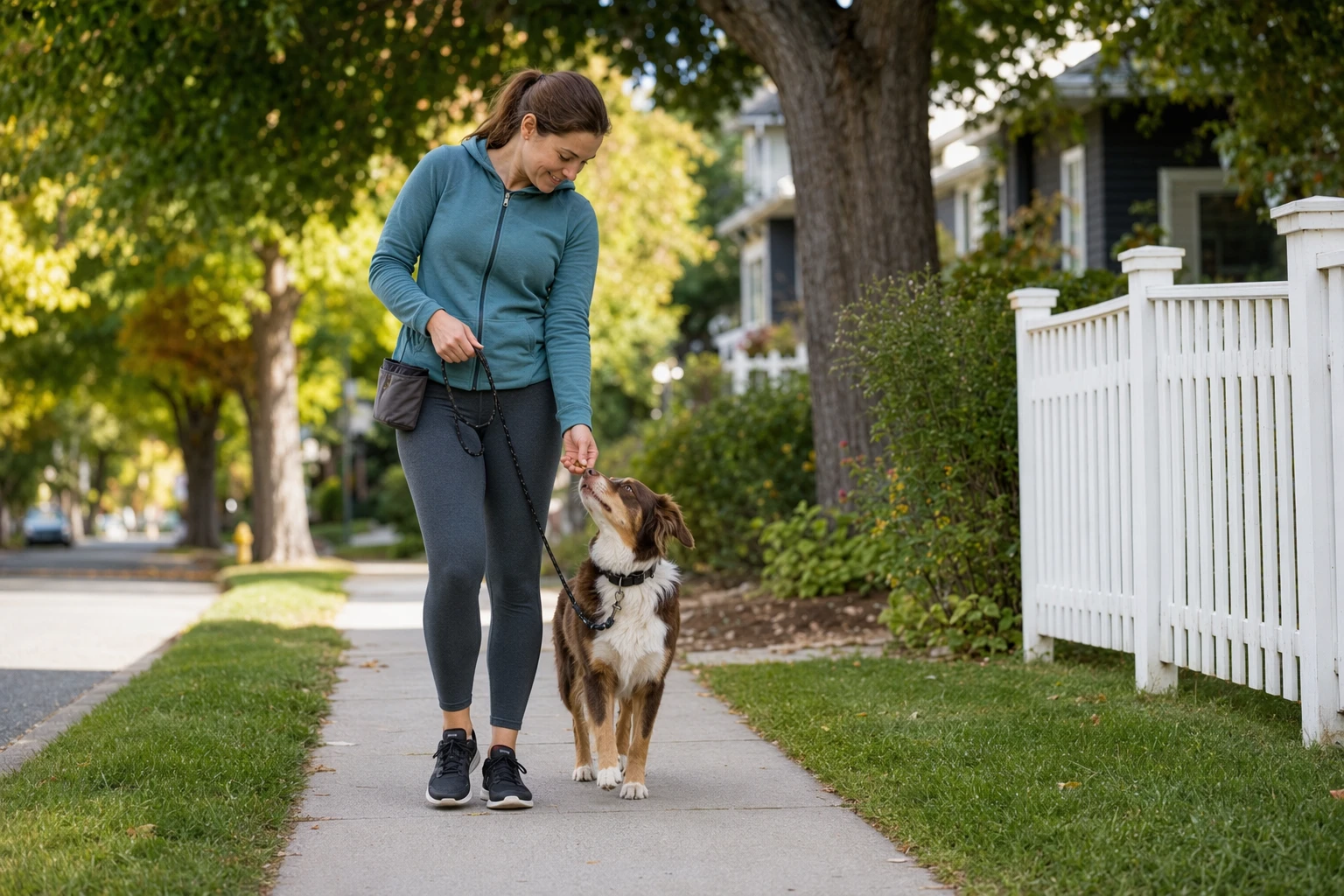 Dog walking calmly beside handler with treats on suburban sidewalk