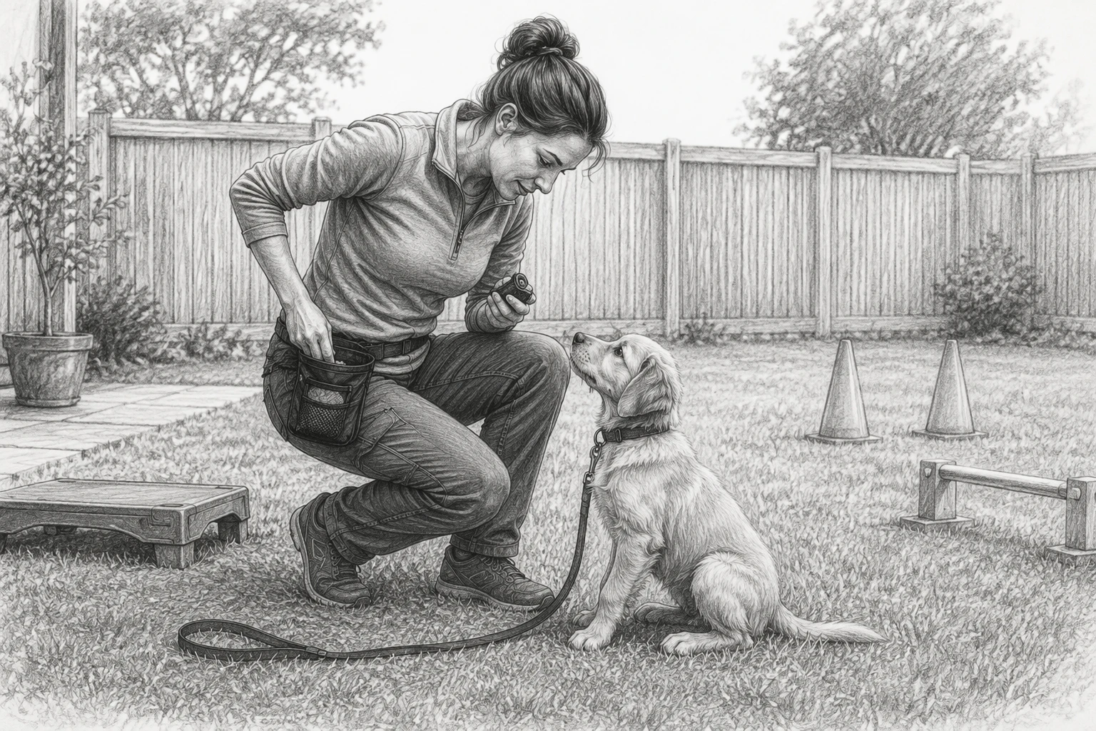 Dog trainer rewarding puppy with treat pouch during backyard session