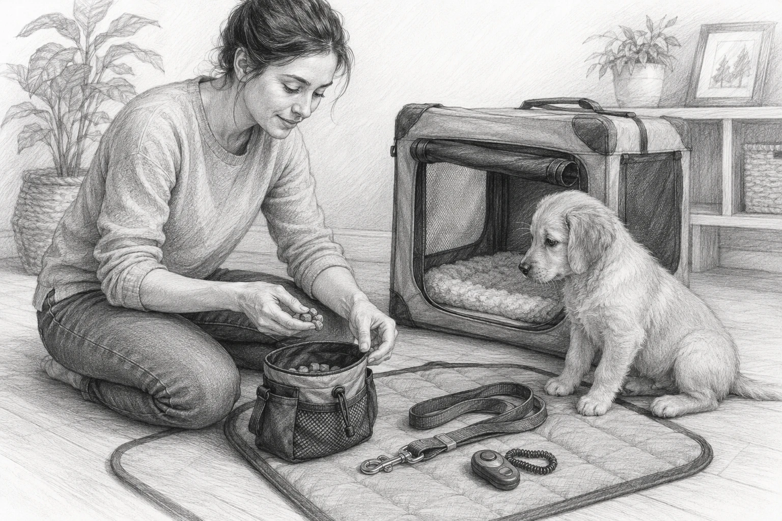 Pet parent organizing training supplies indoors