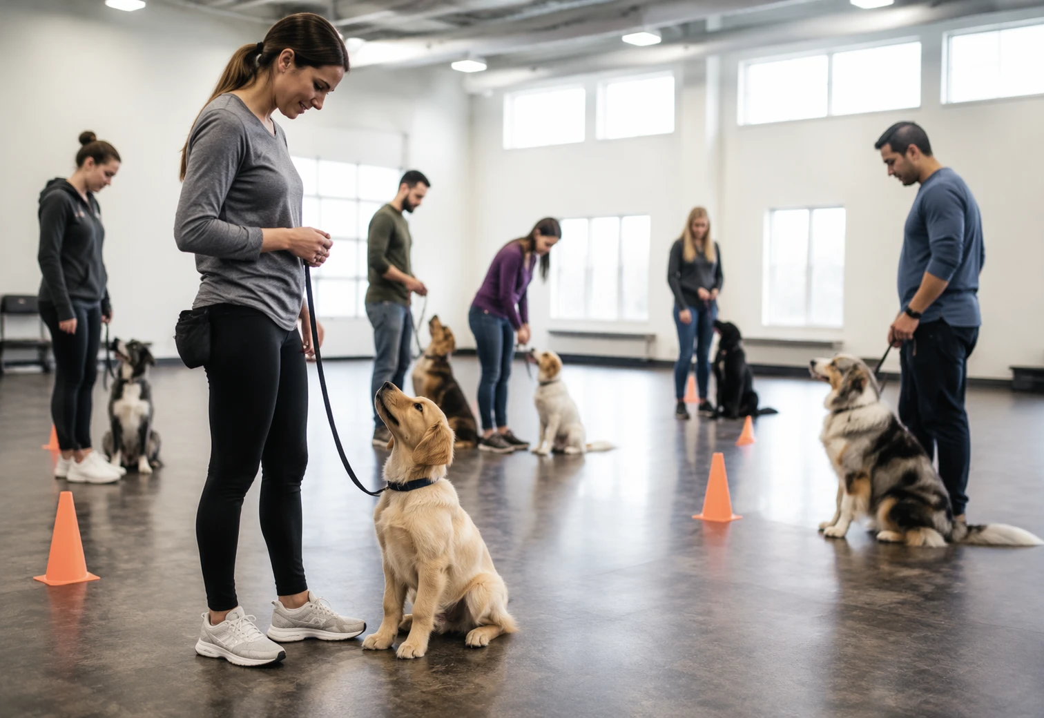 Puppies practicing sit commands in a bright training hall