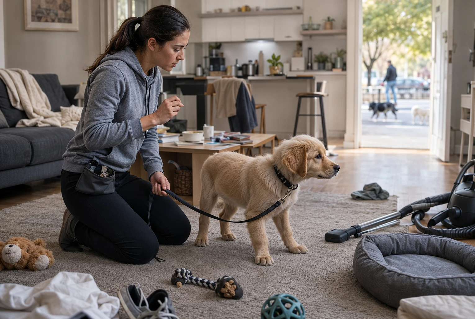 Dog owner practicing leash cues with curious puppy in cluttered living room