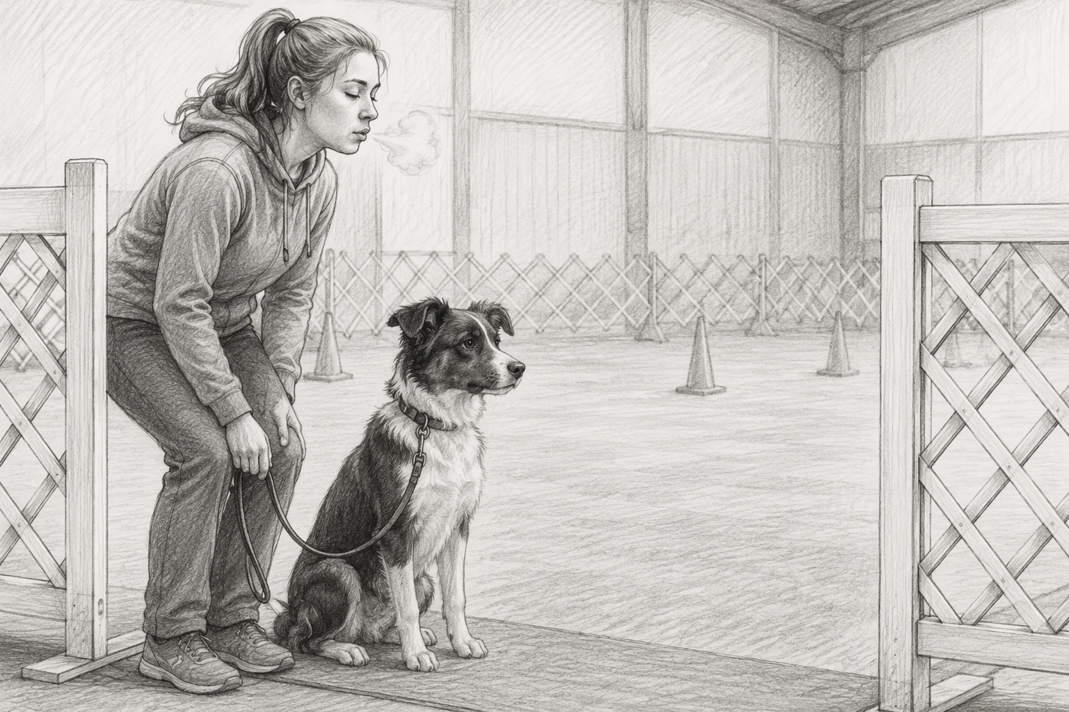 Handler exhaling beside seated dog at test gate