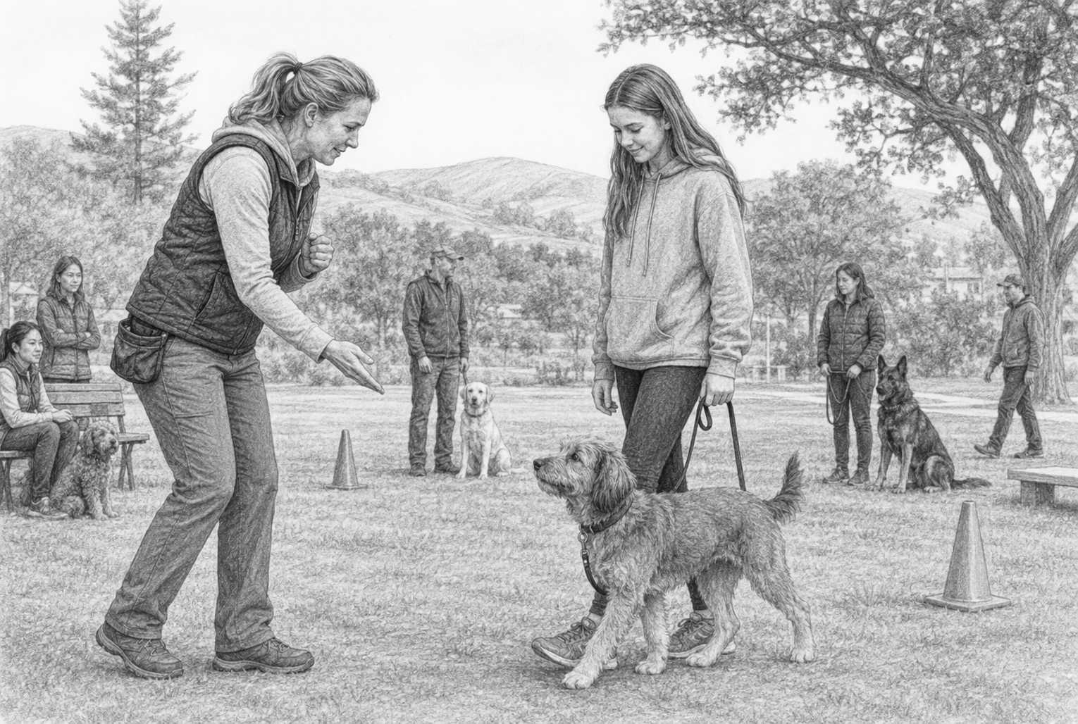 Dog trainer guiding adolescent dog on loose leash in calm classroom