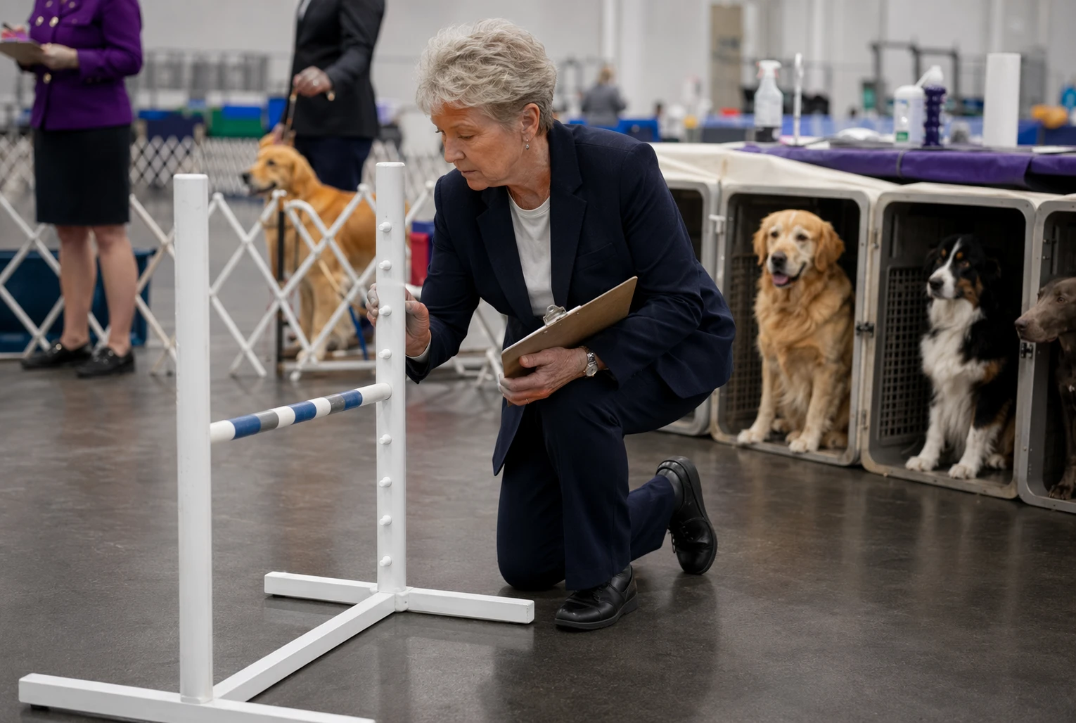Judge inspecting obedience jump equipment at indoor dog trial