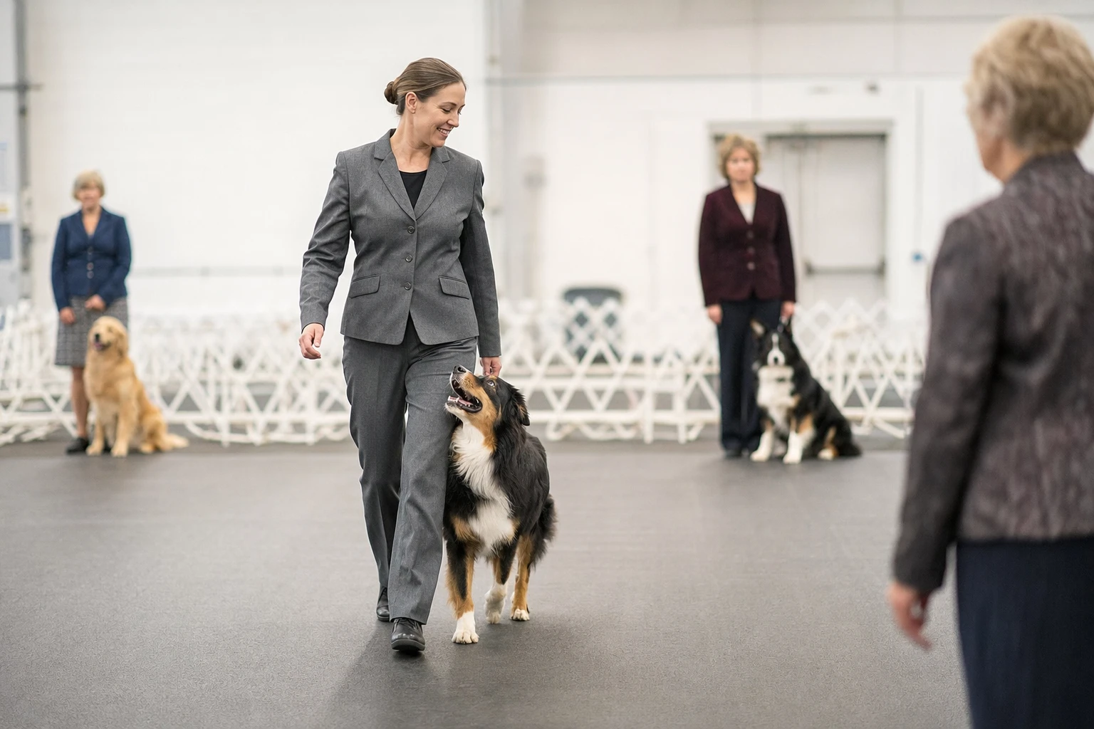 Handler and dog performing focused off-leash heeling in obedience ring