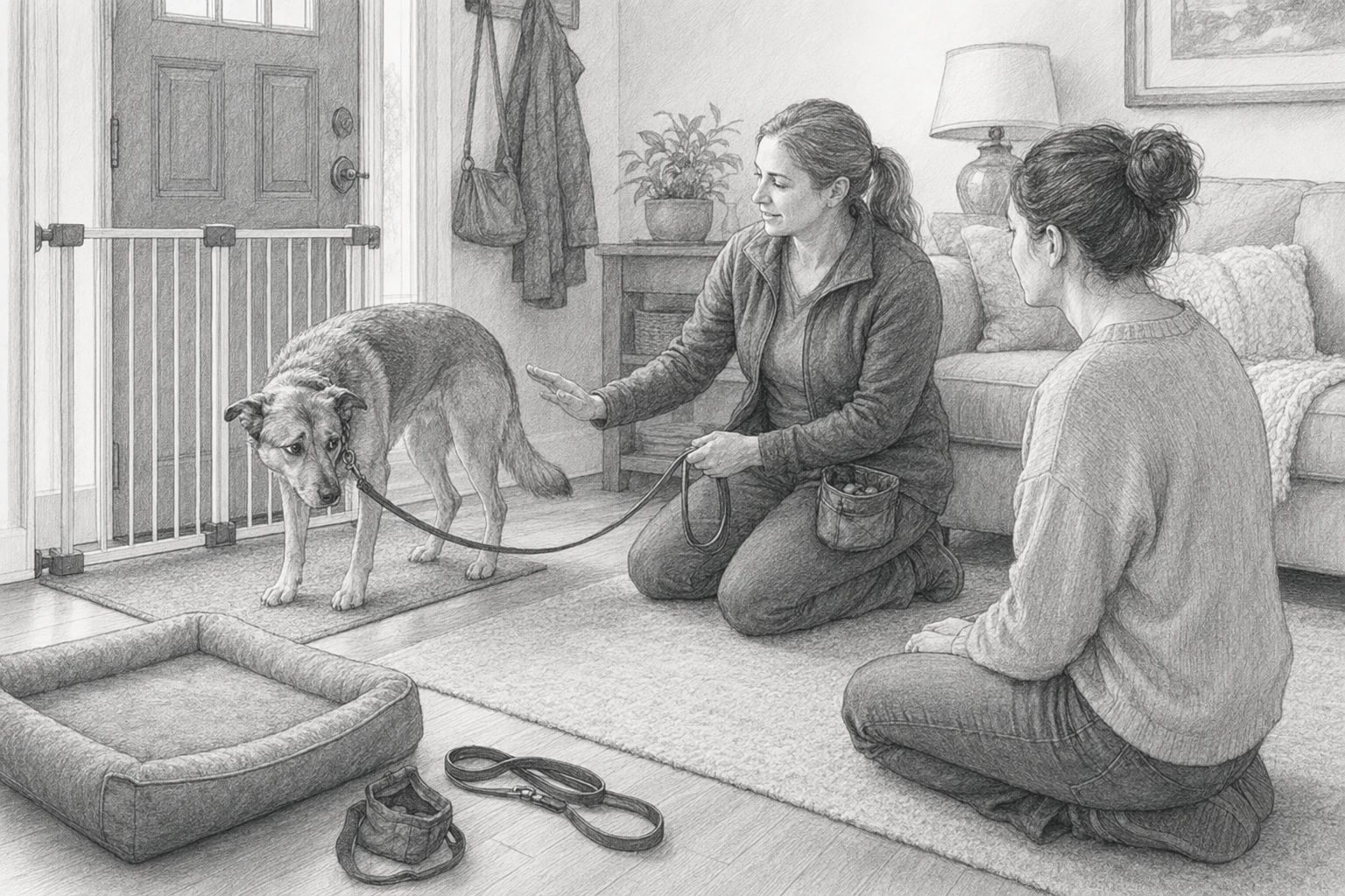 Trainer coaching nervous dog and owner in living room