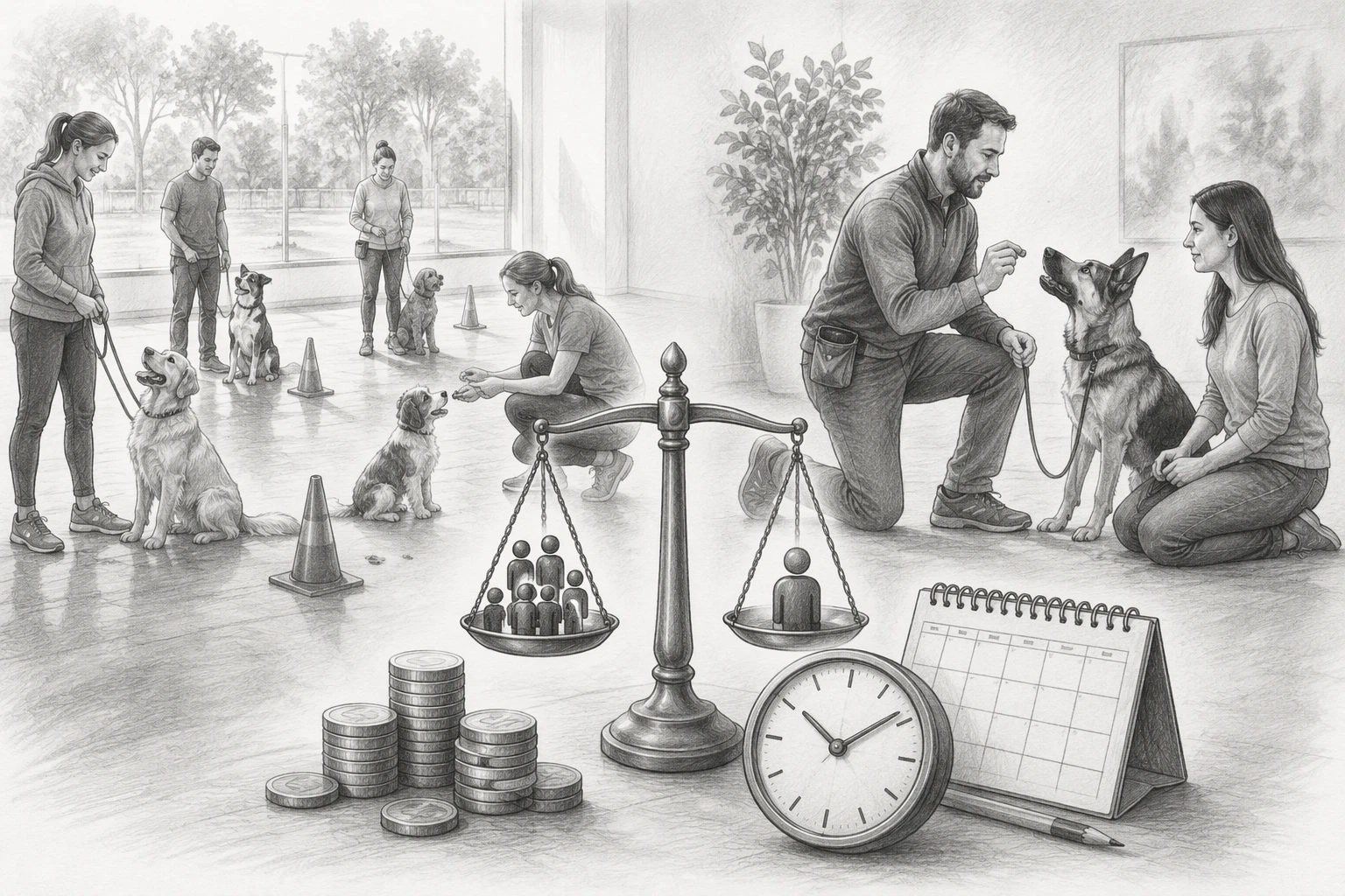 Pencil sketch of a dog training comparison chart