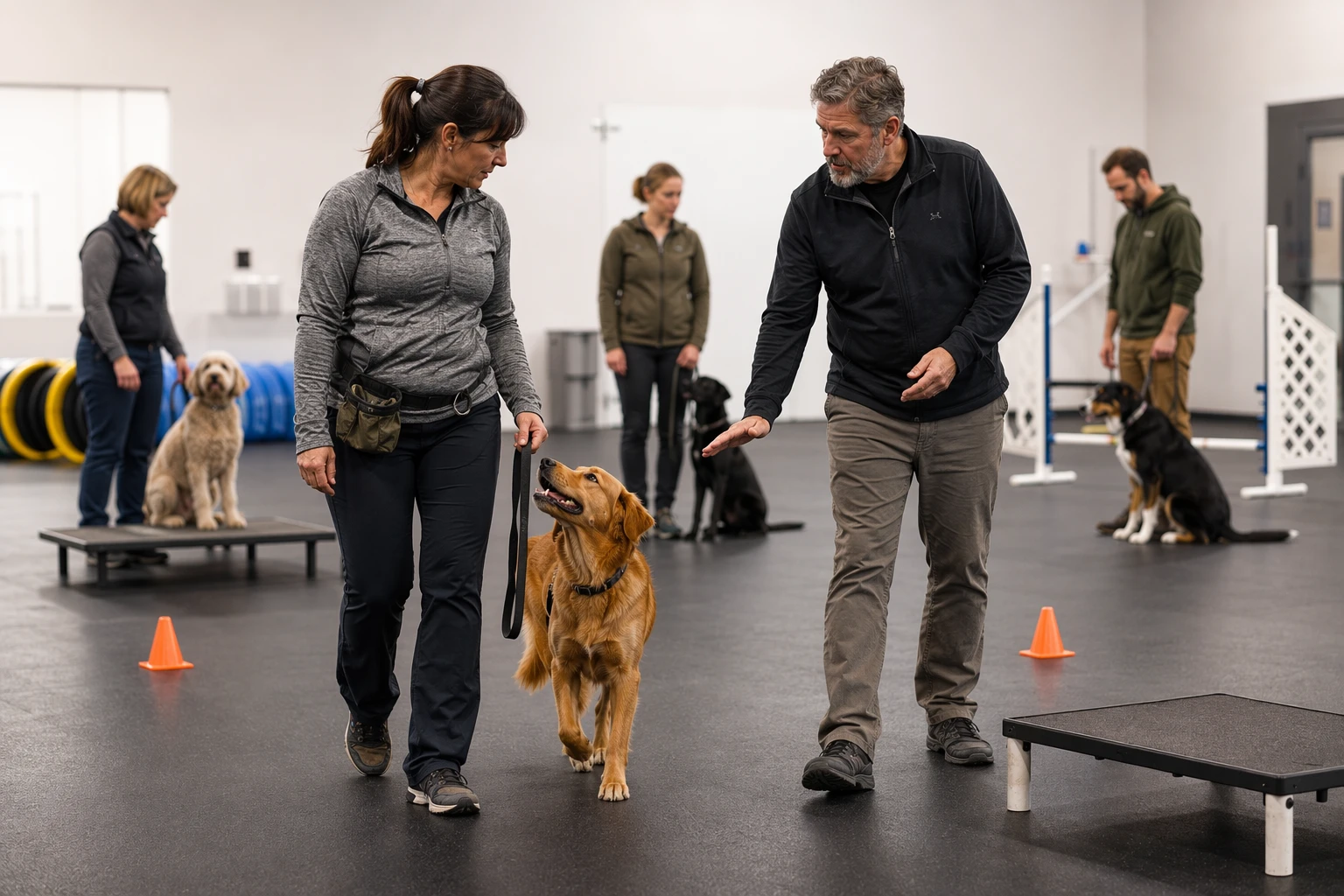 Dog trainer guiding owner during obedience drills