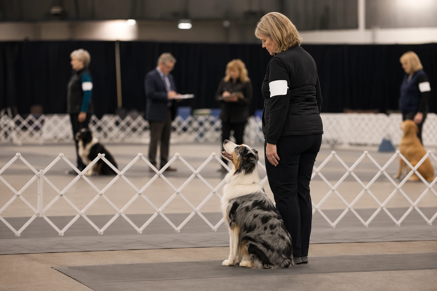 Handler and dog waiting ringside at indoor obedience trial