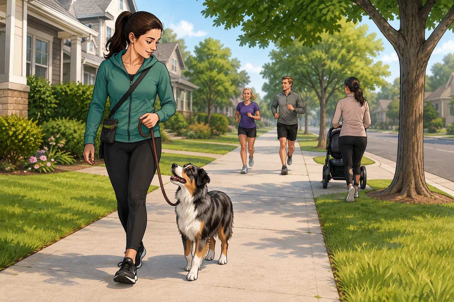 Dog and handler passing joggers and stroller on suburban sidewalk