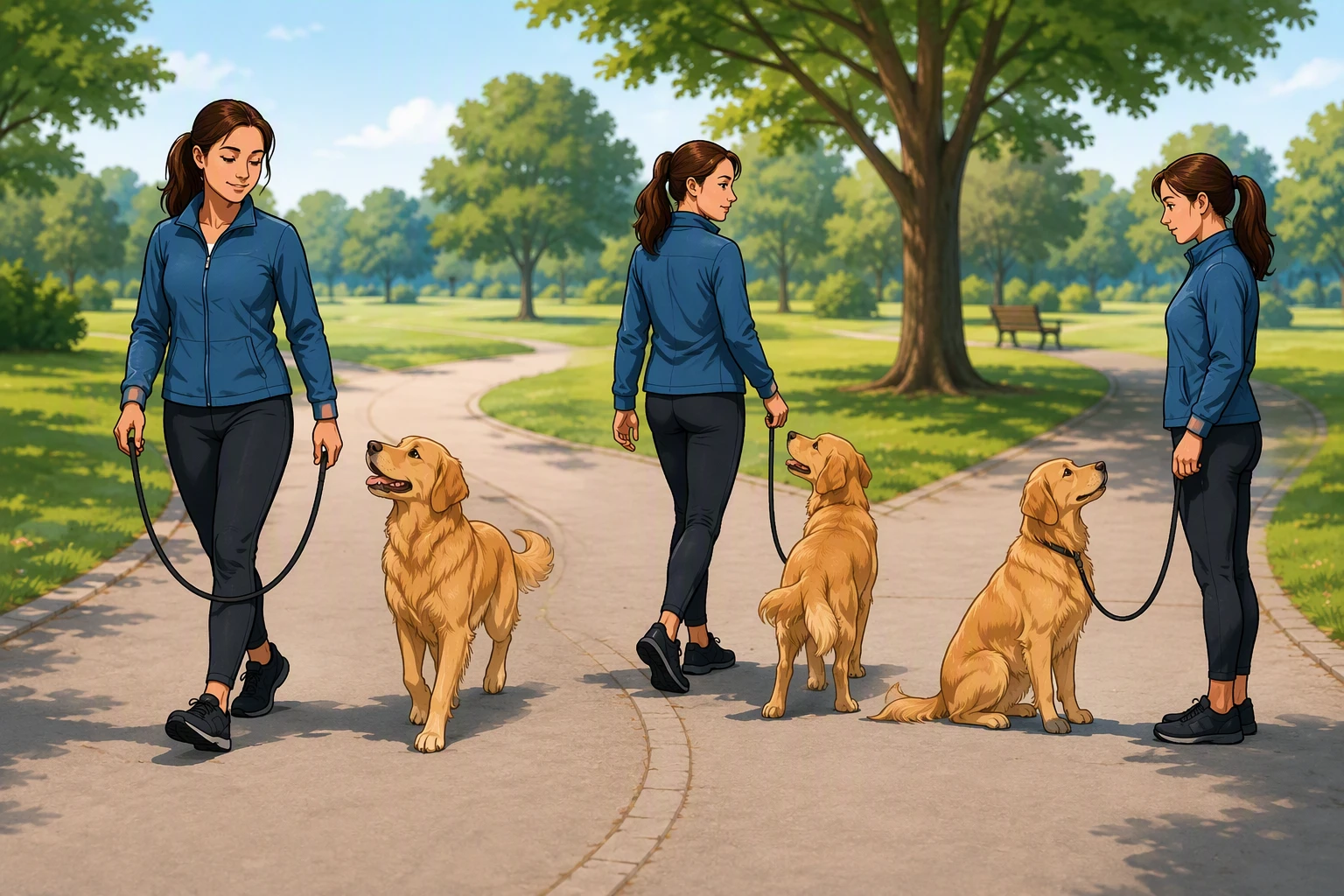 Handler practicing leash pattern with dog in park