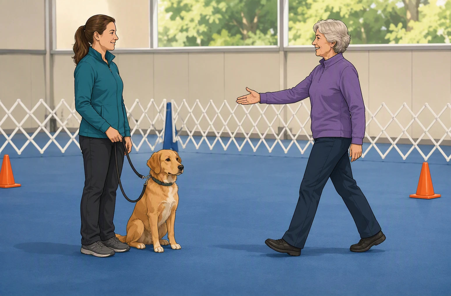 Dog calmly greeting evaluator in training ring