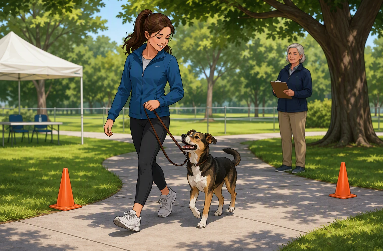 Young handler walking mixed breed dog on loose leash