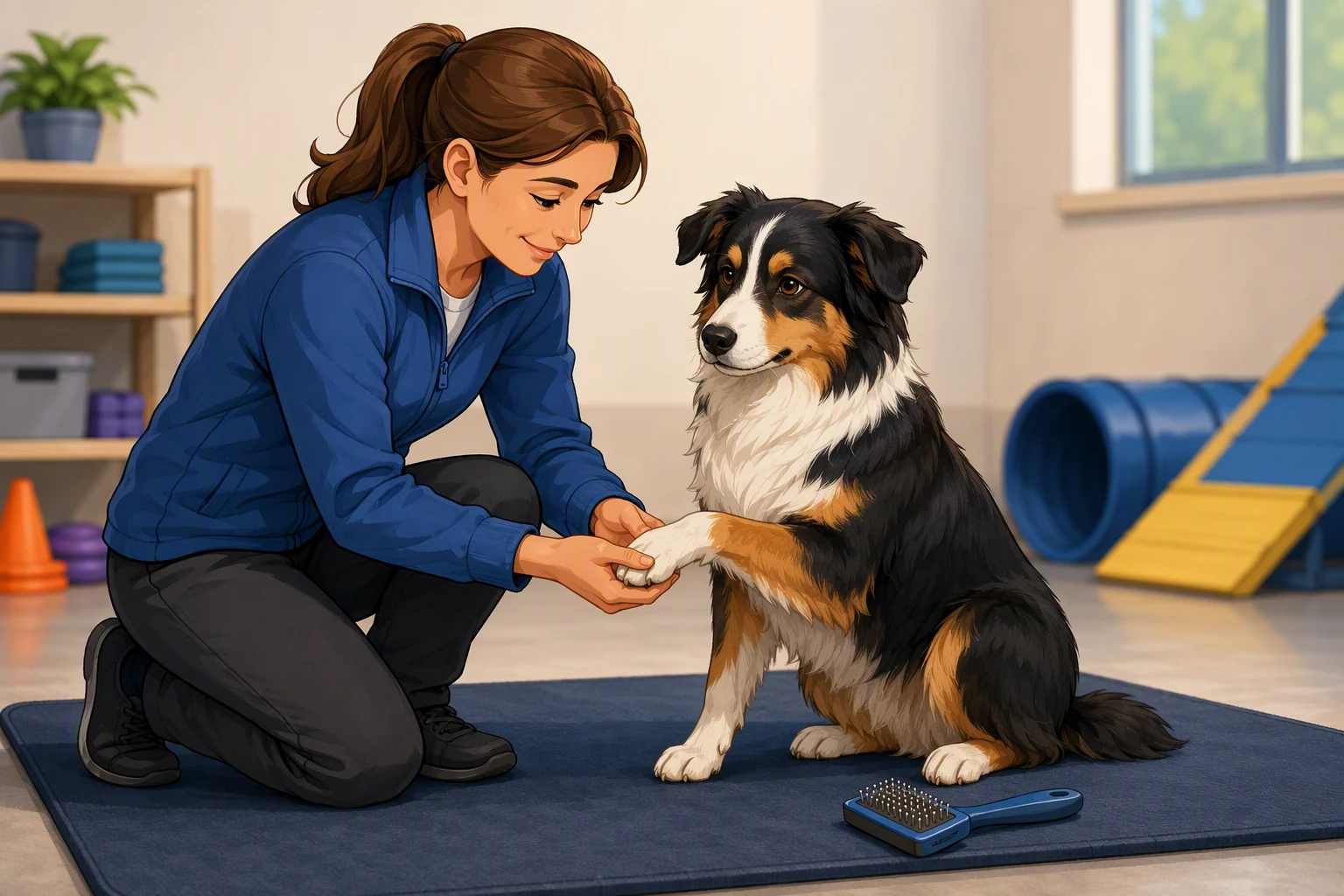 Handler gently lifting dog's front paw beside grooming brush