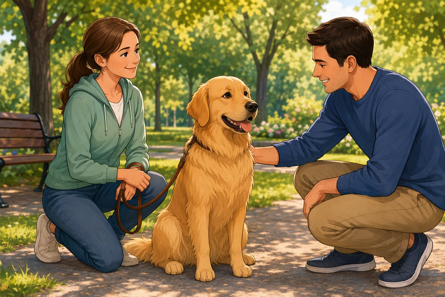 Golden retriever seated calmly as stranger gently pets shoulder