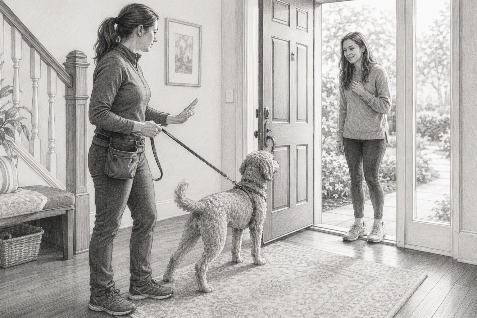 Trainer coaching dog and owner at front door