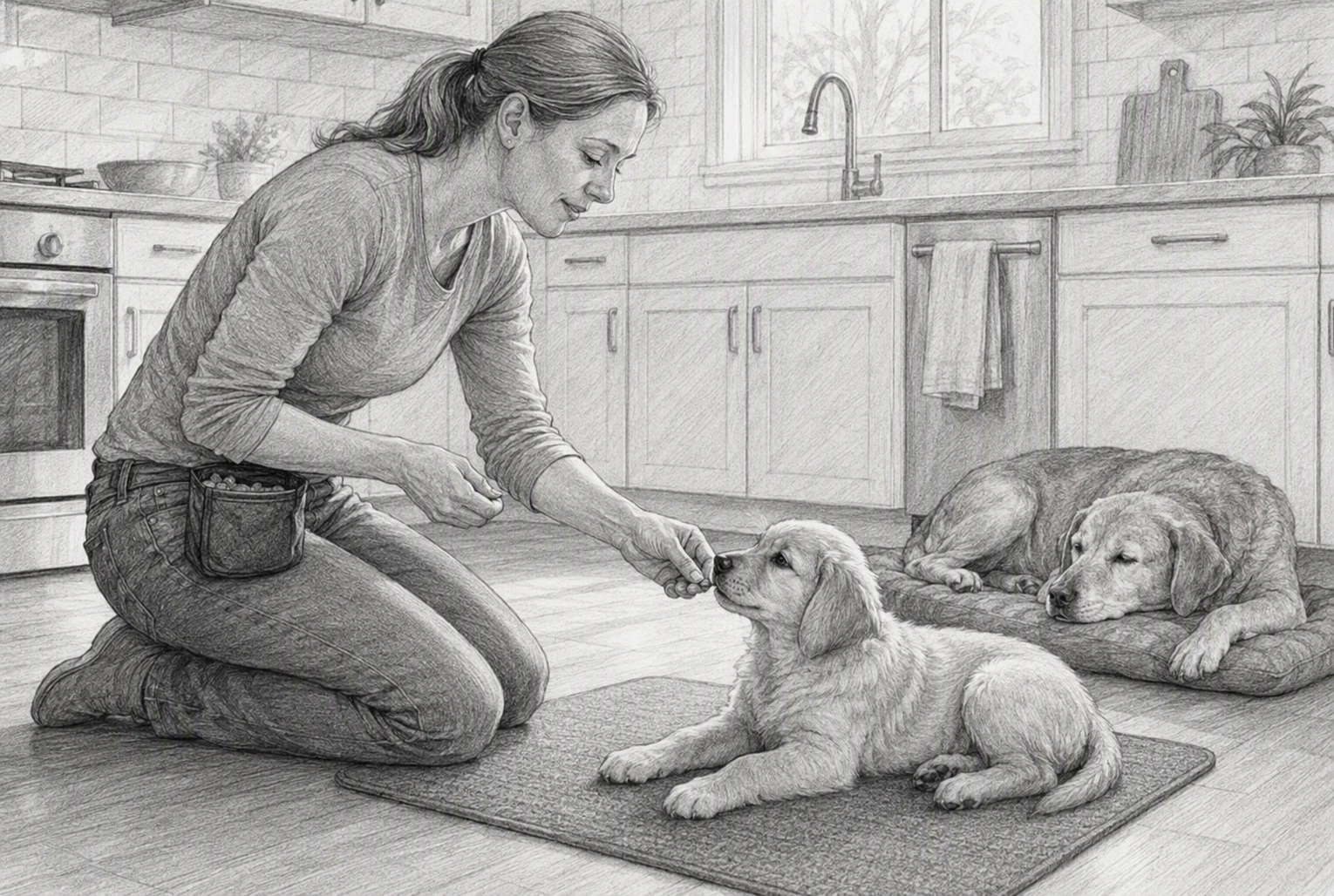 Owner rewarding calm puppy on kitchen mat
