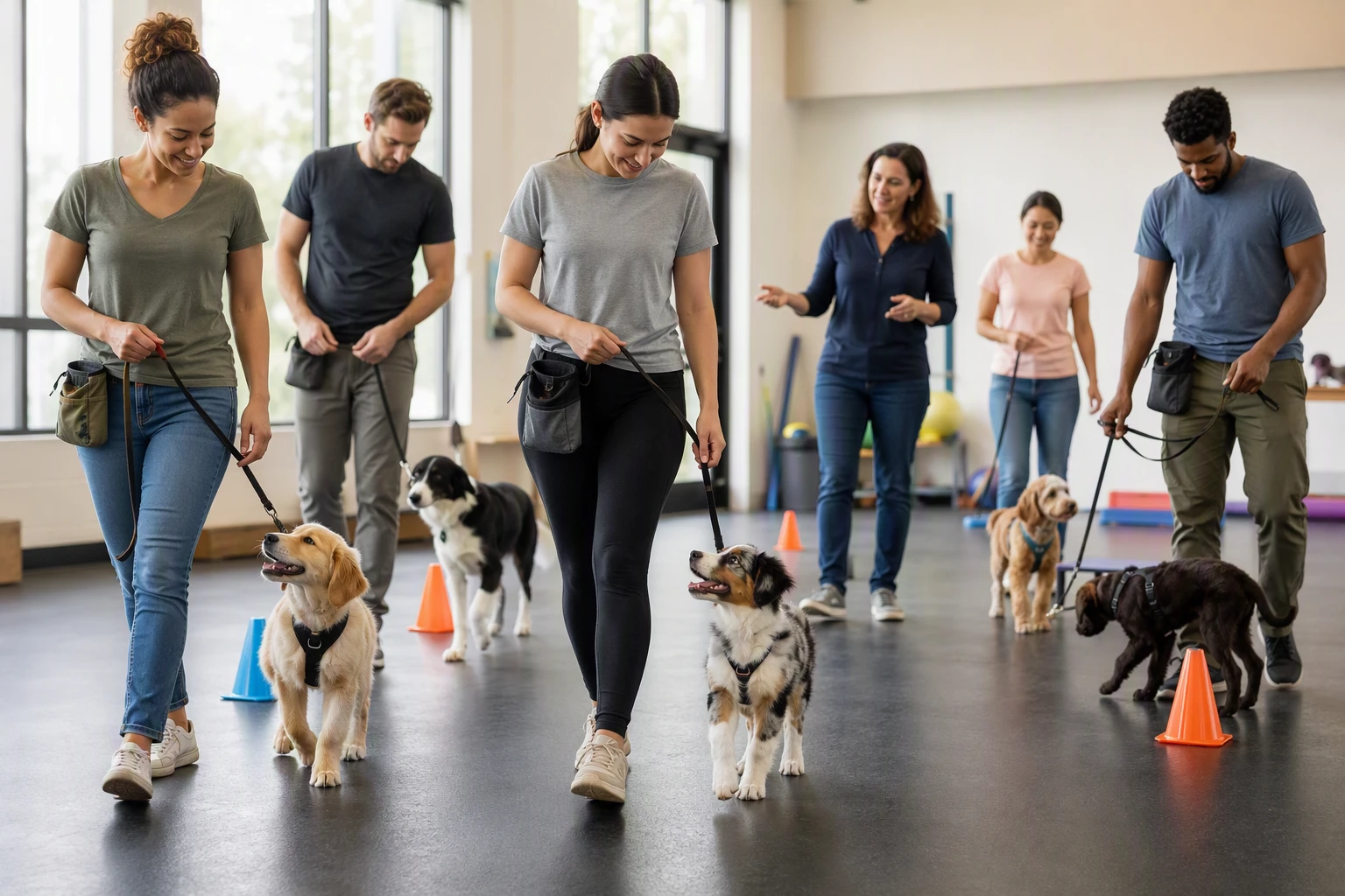 Dog owner practicing leash walking with puppy in bright group class