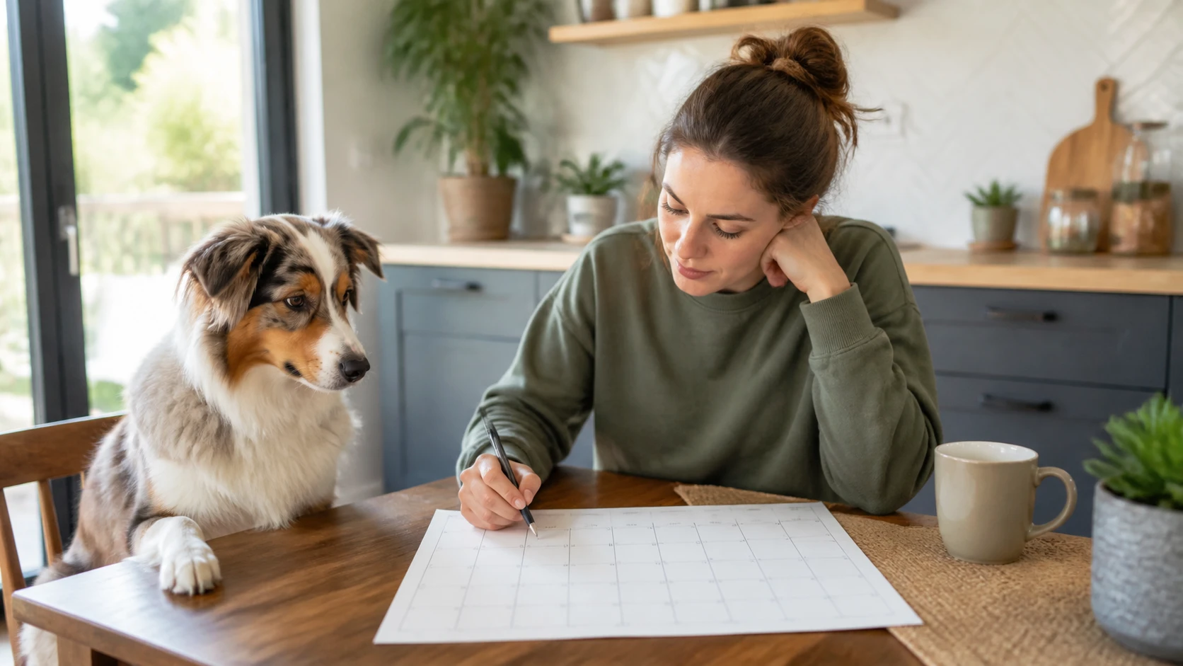 Dog owner reviewing training schedule with adolescent dog at kitchen table