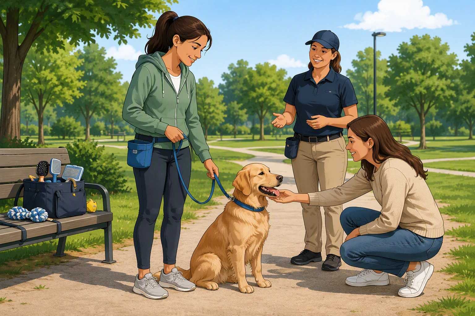 Dog owner practicing calm greeting with trainer in park