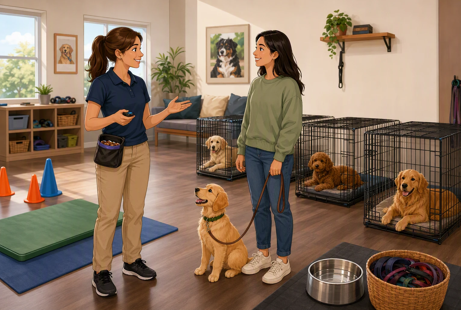 Trainer discussing class options with puppy parent indoors