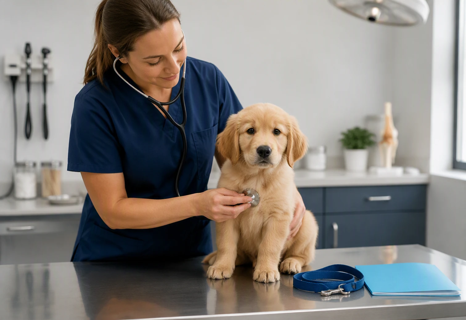 Veterinarian examining calm puppy with vaccination record