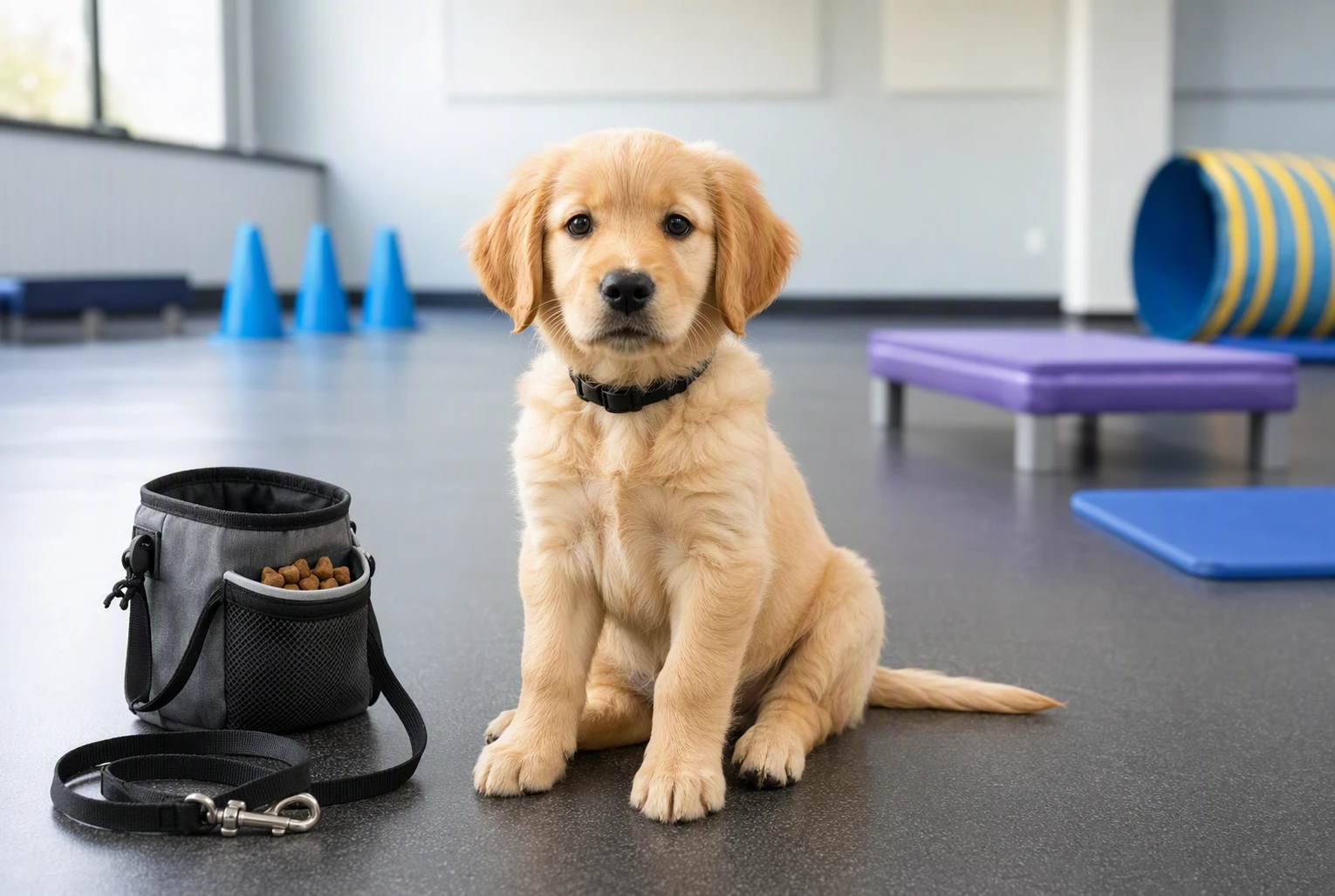 Young puppy sitting with treat pouch and leash in training room