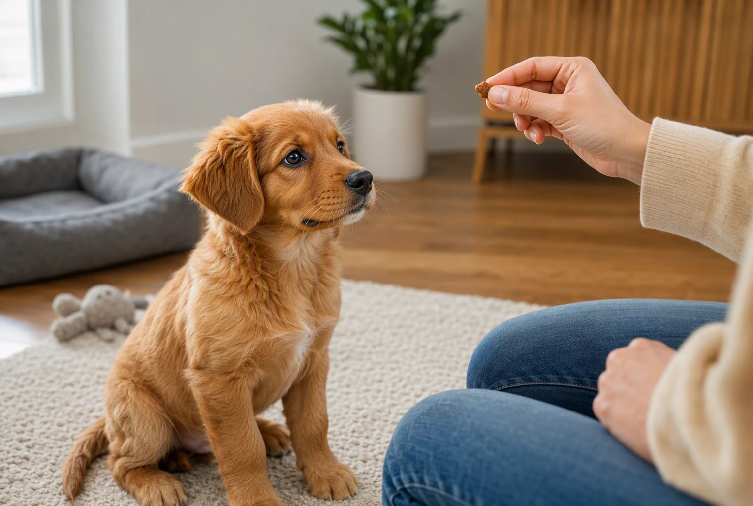 Puppy attentively watching owner’s hand with treat