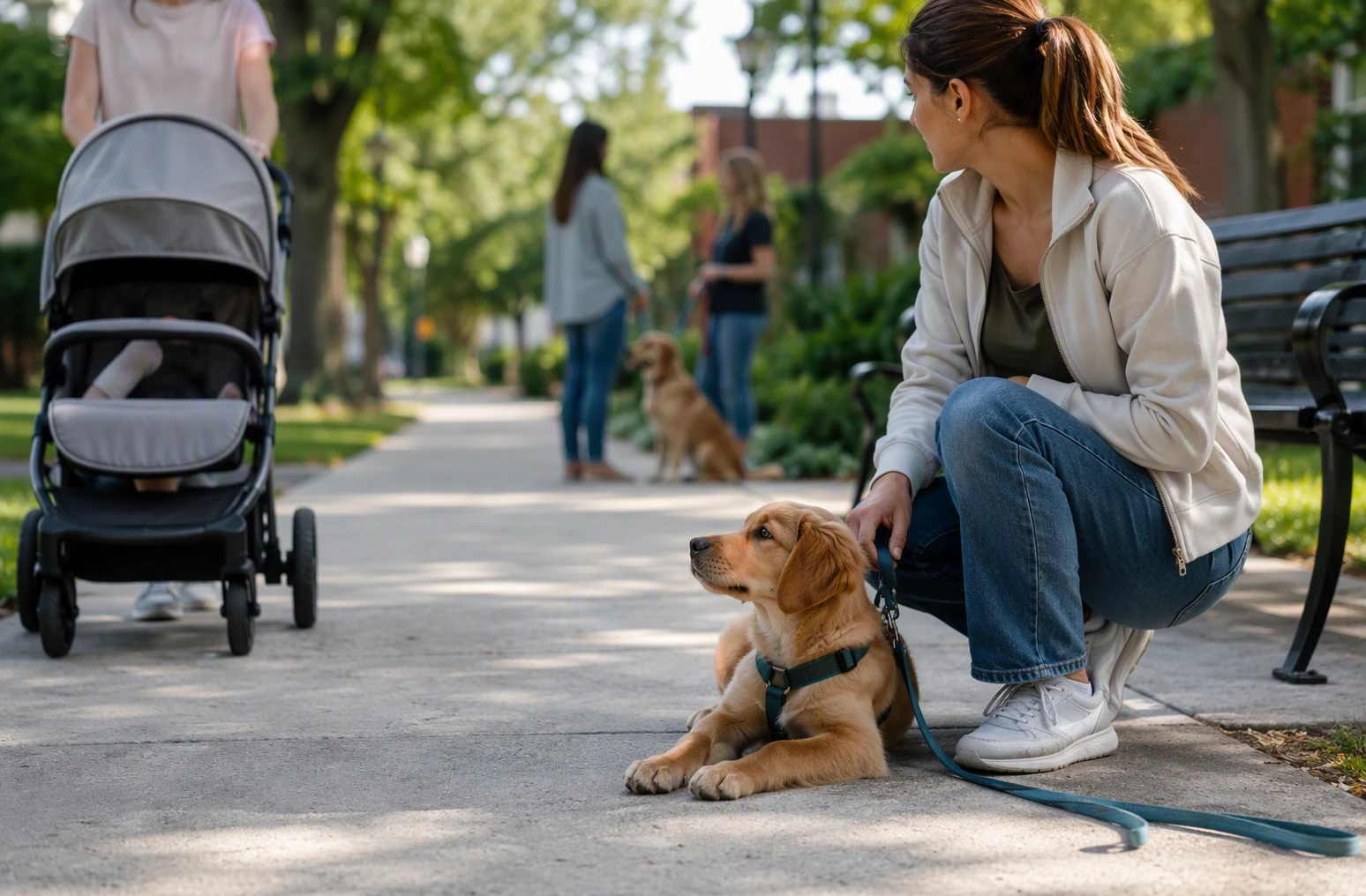 Puppy calmly observing stroller outdoors