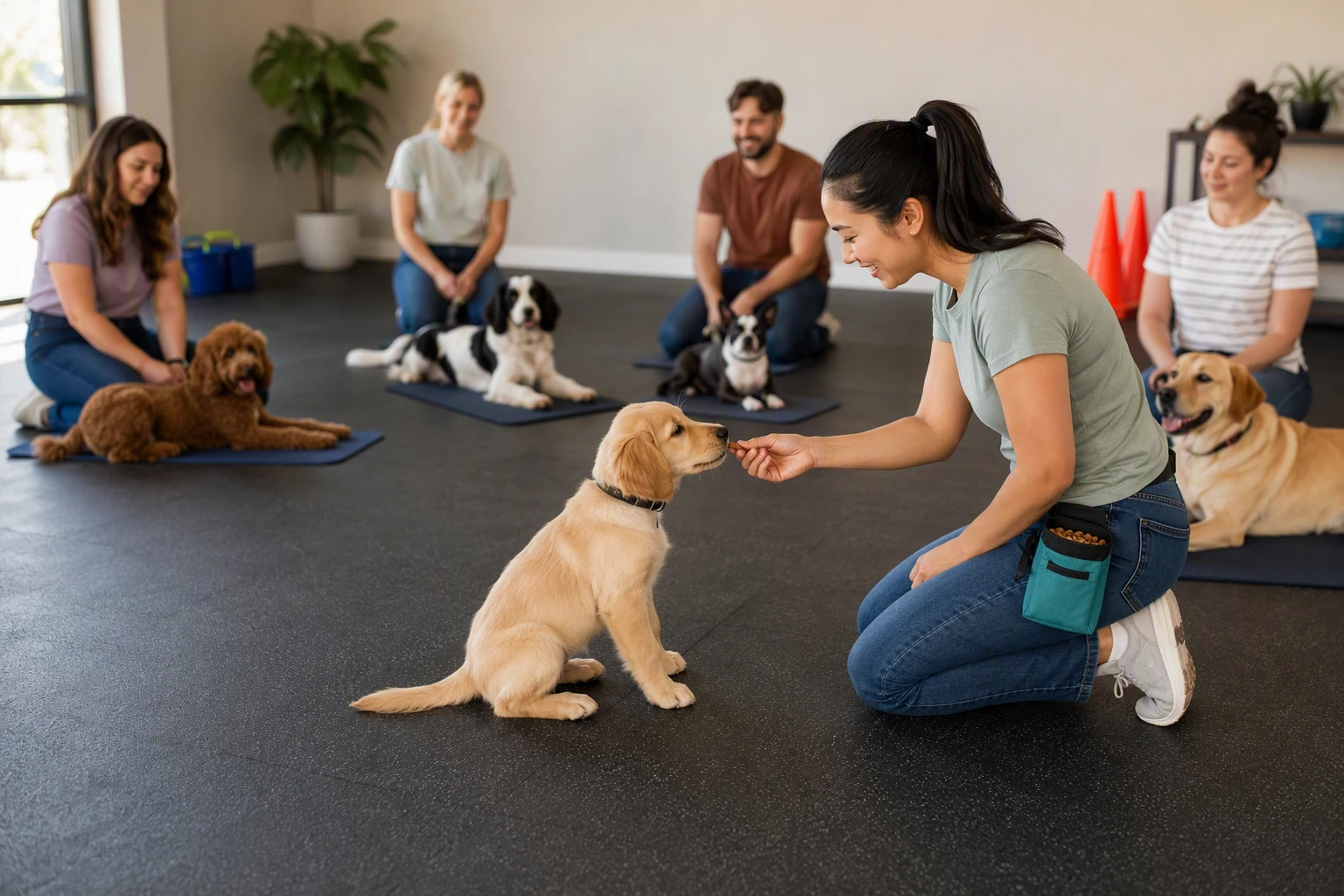 Puppy owner rewarding sit with calm dogs resting