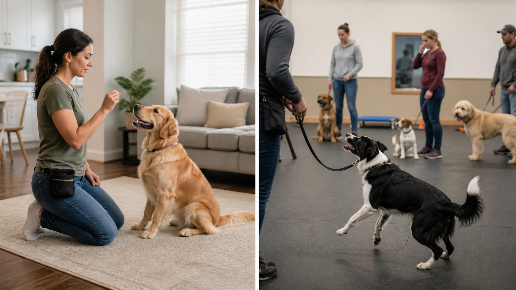 Split scene of private home lesson and group class with distracted dogs