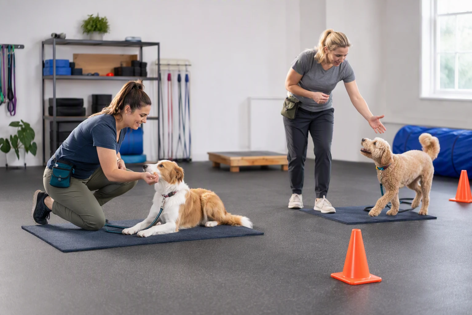 Trainers coaching dogs on mats indoors